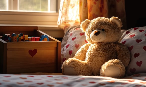 Plush bear leaning against pillow, heart-patterned sheets photo