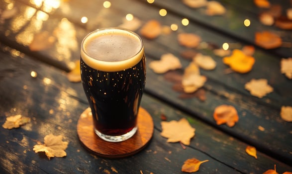 Pint of dark beer on wooden coaster, surrounded by warm fairy lights, autumn leaves scattered photo