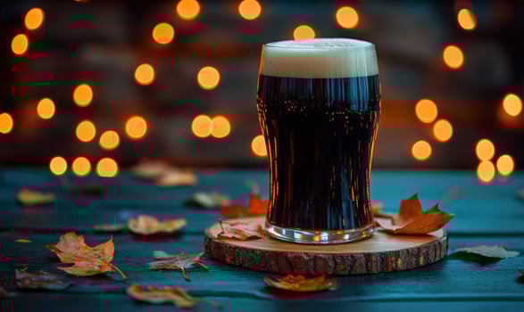 Pint of dark beer on wooden coaster, encircled by warm fairy lights photo