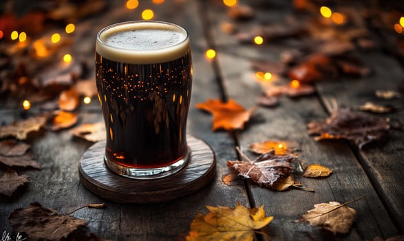Pint of dark beer on wooden coaster, surrounded by warm fairy lights photo