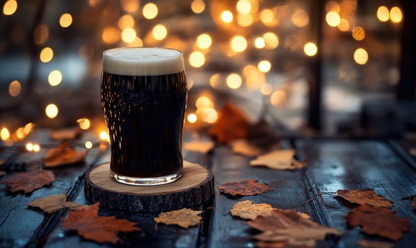 Pint of dark beer on wooden coaster, encircled by warm fairy lights photo