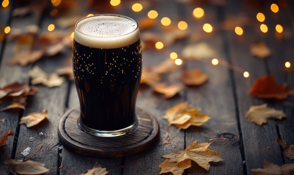 Pint of dark beer on wooden coaster, surrounded by warm fairy lights, autumn leaves scattered photo