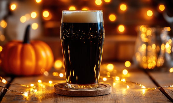 Pint of dark beer on wooden coaster, surrounded by warm fairy lights, autumn leaves scattered photo
