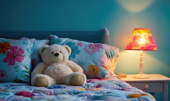 Teddy bear nestled in soft pillows photo
