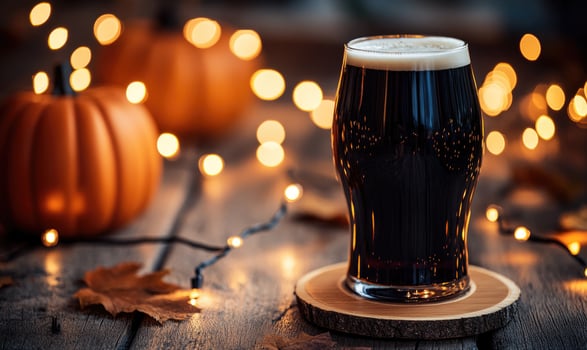 Pint of dark beer on wooden coaster, surrounded by warm fairy lights, autumn leaves scattered photo