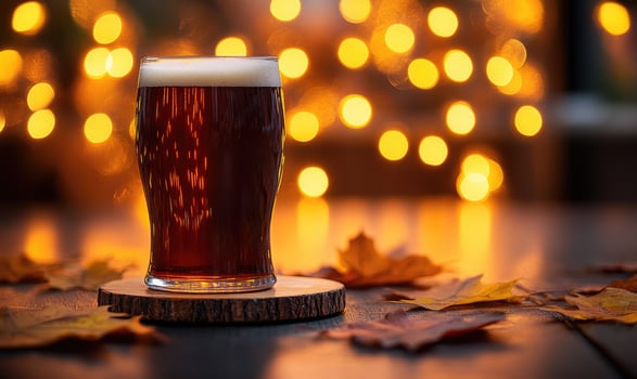 Pint of dark beer on wooden coaster, encircled by warm fairy lights photo