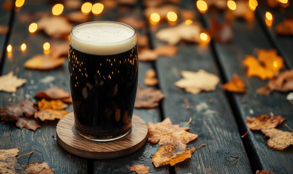 Pint of dark beer on wooden coaster, surrounded by warm fairy lights, autumn leaves scattered photo