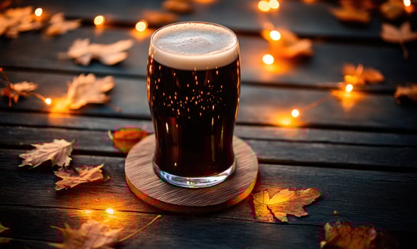 Pint of dark beer on wooden coaster, warm fairy lights, autumn leaves scattered photo