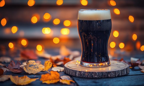 Pint of dark beer on wooden coaster, warm fairy lights, autumn leaves scattered photo