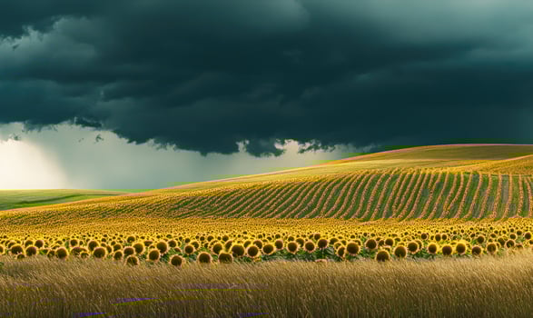 Rolling sunflower fields under dramatic skies, golden waves photo