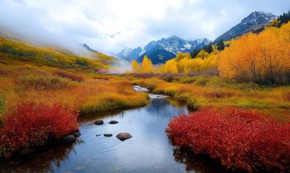 Serene autumn landscape, mountain peaks, amber foliage, misty morning photo