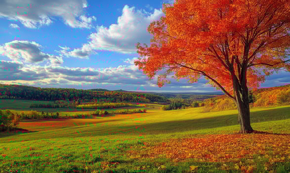 Scenic fall scenery, open field, colorful trees, distant mountains photo