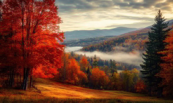 Scenic fall morning, mountain range, orange and red leaves photo