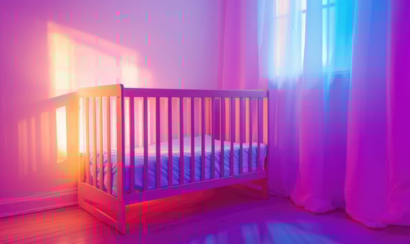 Wooden crib in a light yellow nursery, glowing blue and pink lights photo