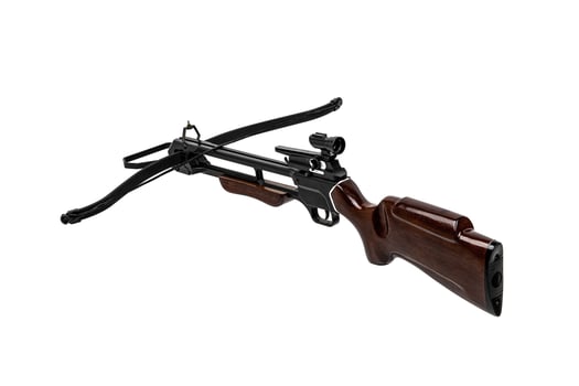 Crossbow isolate on white back. Modern crossbow with wooden butt. Quiet weapons for hunting and sports. photo