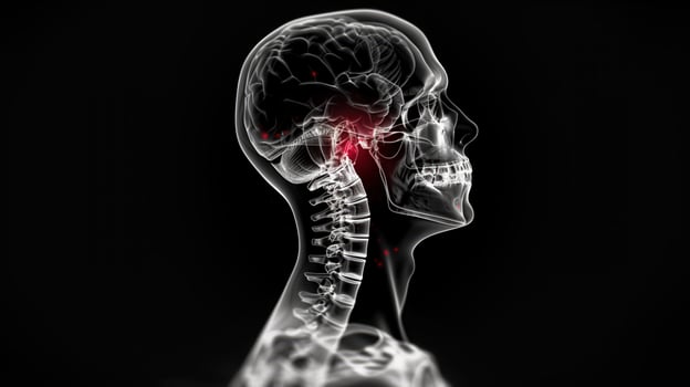 3D X-Ray of Cervical Spine Showing Pain Points with Red Highlights in Neck Area photo