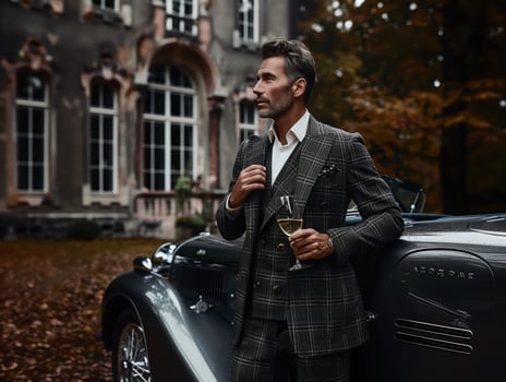 Handsome Man in His Fifties in Elegant Suit with Vintage Car and Glass of Wine photo