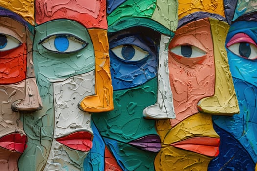 Close-Up of Colorful Abstract Human Faces in a Textured Artistic Painting photo