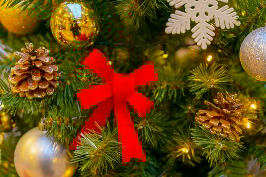 Holiday decorations for the Christmas tree. Blurred holiday background. photo