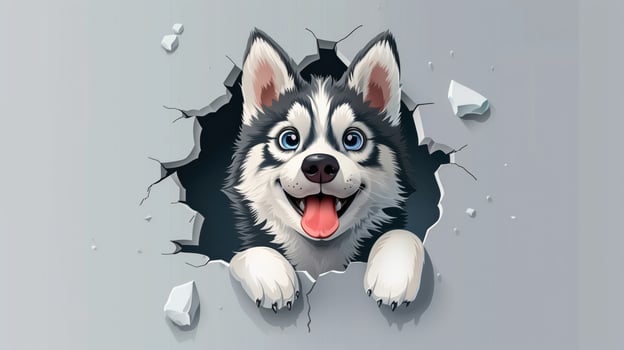Happy Husky Puppy Breaking Through White Wall, Excited Dog Illustration photo