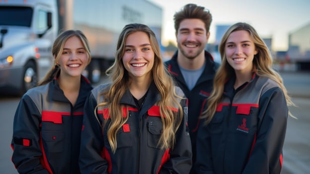 Group of Young Smiling Workers in Uniforms by Trucks in a Logistics Center photo