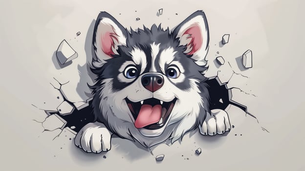 Animated Happy Husky Breaking Through White Wall - Cute Cartoon Dog Illustration photo
