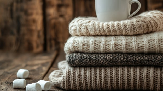 Cozy sweaters and a warm coffee cup with marshmallows on a wooden table in autumn photo