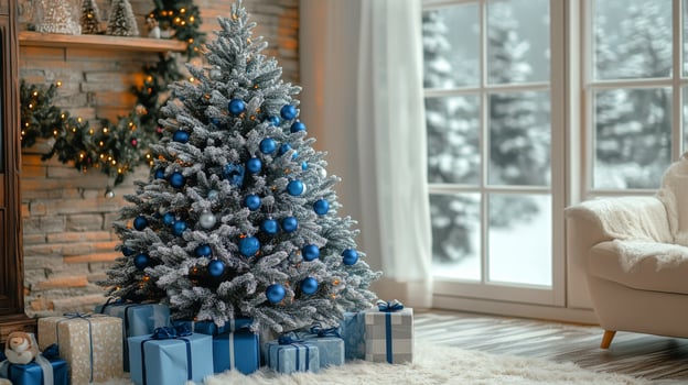 Cozy living room decorated for Christmas with a beautifully adorned tree and presents photo