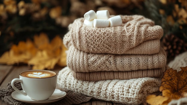 Cozy sweaters and a warm coffee cup with marshmallows on a wooden table in autumn photo