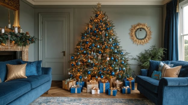 Cozy living room decorated for Christmas with a beautifully adorned tree and presents photo