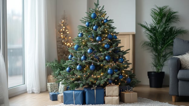 Cozy living room decorated for Christmas with a beautifully adorned tree and presents photo