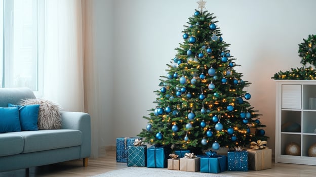 Cozy living room decorated for Christmas with a beautifully adorned tree and presents photo
