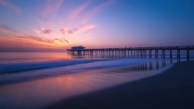A serene sunset view over a pier extending into calm waters photo