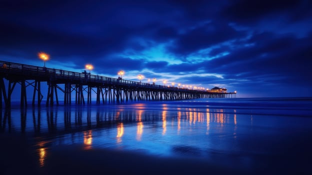 A serene twilight scene of a pier with lights reflecting on the water. photo