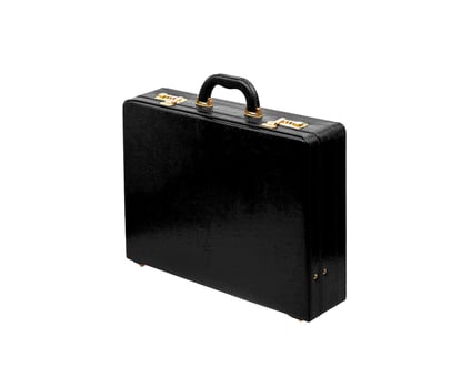 Brown leather suitcase with combination lock and gold locks isolated on white background. Briefcase for important business documents and papers. photo