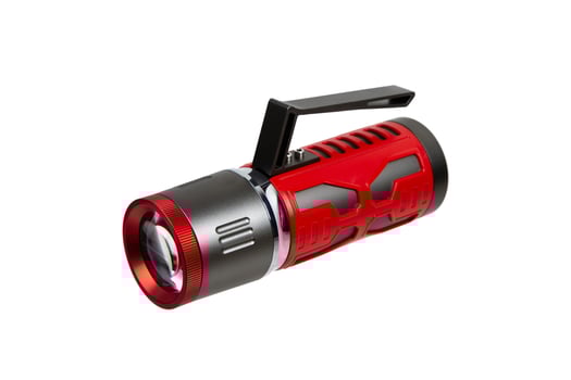 Modern metal LED flashlight in red color. Portable flashlight isolate on a white back photo