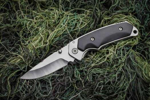 Folding penknife on the background of green threads. photo