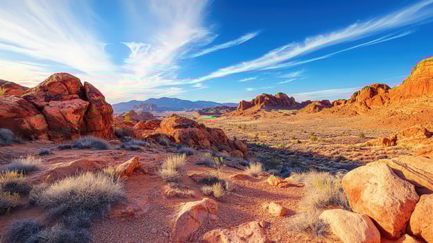 A scenic view of a desert landscape with red rock formations and a clear blue sky photo