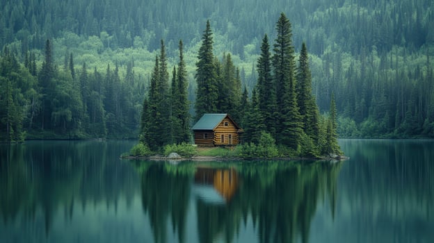 A serene cabin on an island surrounded by lush trees and a calm lake reflecting the scenery photo