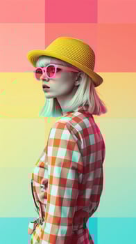 Fashionable European Woman in Vibrant Colorful Attire Striking a Stylish Pose photo