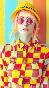 Vibrant and Playful Fashion Portrait of a Stylish European Woman in Colorful Attire photo