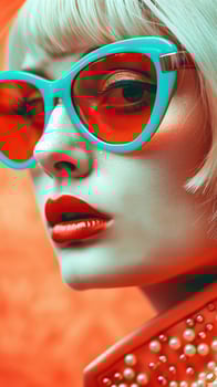 Chic and Futuristic European Fashion Portrait with Turquoise Sunglasses photo