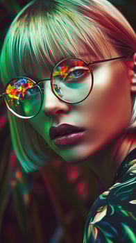 Striking Portrait of a Stylishly Glamorous Woman with Vibrant Neon Makeup and Eyeglasses photo