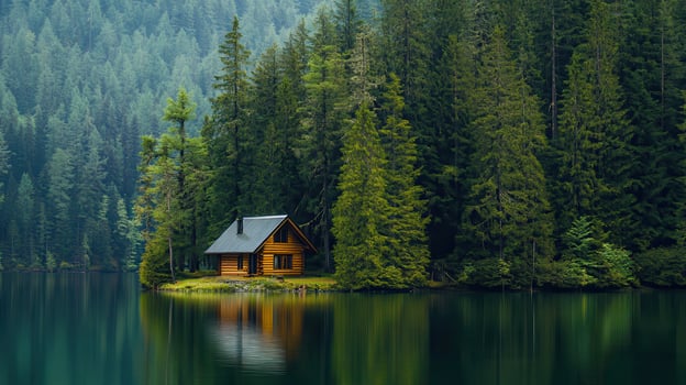 A serene wooden cabin surrounded by lush trees and a reflective lake in a tranquil landscape photo