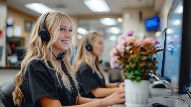Two Beautiful Blonde Women Working at Computer Desks in a Modern Office photo