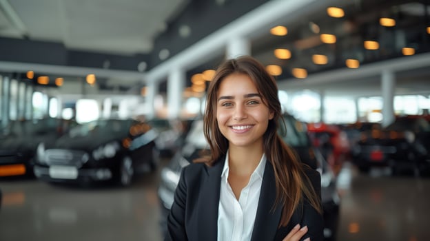 Young Businesswoman Smiling Confidently in Modern Car Showroom photo
