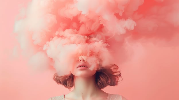 Dreamy Portrait of Young Woman with Head in Pink Clouds, Surreal Art photo