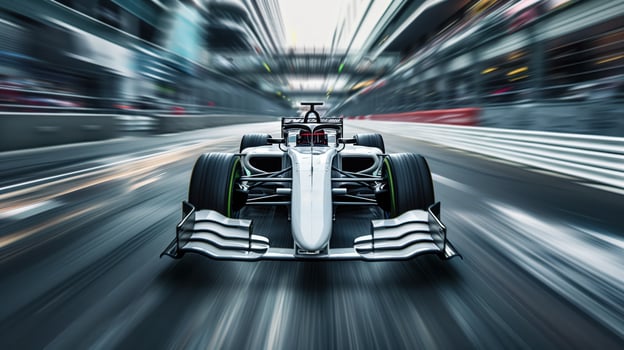 White Formula 1 Car in Motion on a Racing Track with Speed Blur photo