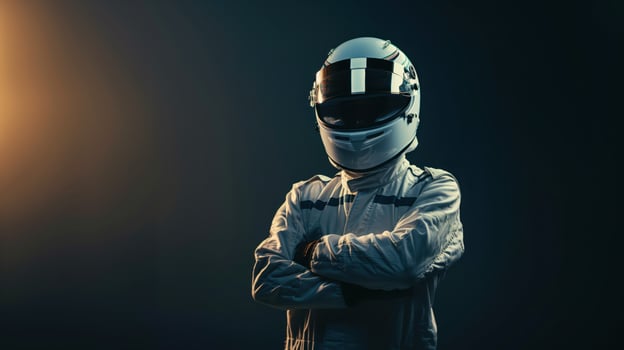Medium Shot of Standing Race Car Driver in White Suit and Helmet with Arms Crossed photo