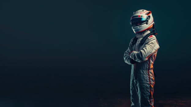 Medium Shot Of Standing Racing Driver In White Helmet And Suit With Arms Crossed photo